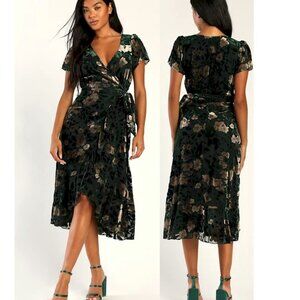 Lulus Chic Status Emerald Green Floral Velvet Burnout Wrap Midi Dress XS NWT